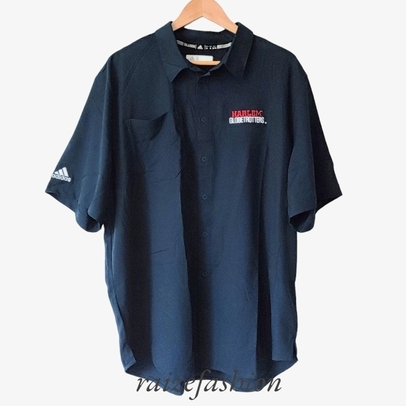 ADIDAS HARLEM GLOBETROTTERS Navy Blue Men's Short Sleeve Button Down Shirt XL - Picture 1 of 8